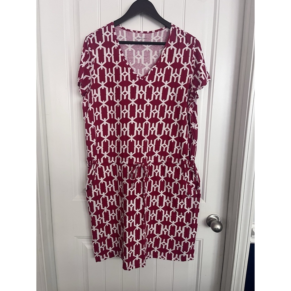 Kim Rogers Women L Red Mini Dress 100% Cotton V-Neck Short Sleeve Drawstring 079